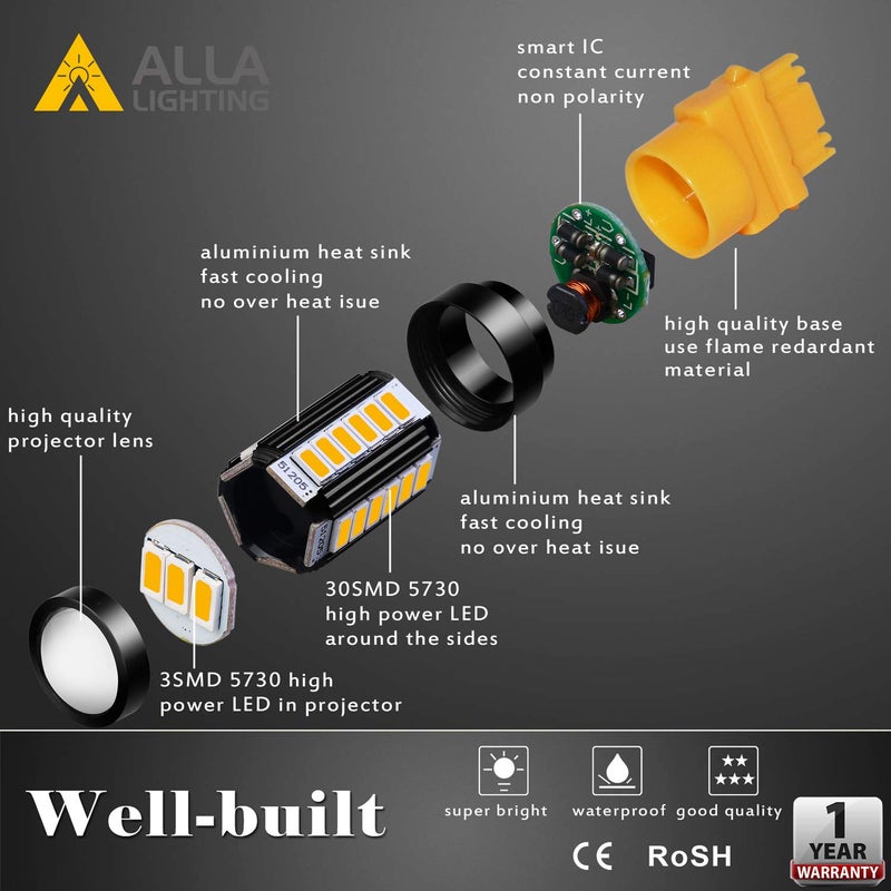 Alla Lighting 2800lm 3156 3157 LED Turn Signal Lights Bulbs, Amber Yellow T25 4157 5702 3457 AK 3757 NAK Blinker Lamps Replacement Xtreme Super Bright 12V 5730 33-SMD - Image 5